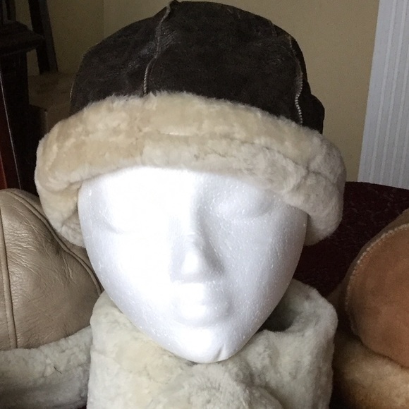 Leather Sheepskin Fur Hat Round Beanie, Brown S/M - Picture 1 of 5